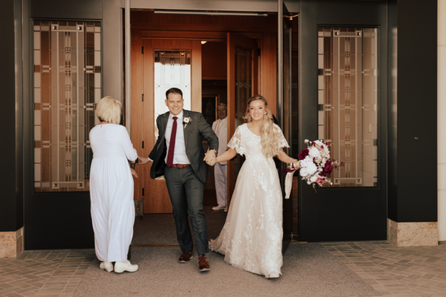 A young and adventurous couple dresses up in their groom and bridal wedding attire on their wedding day. They were photographed by Hannah Lylene Photography, a Dallas Fort Worth (DFW) Elopement/Wedding photographer as a part of their intimate elopement/wedding Latter Day Saint (LDS) ceremony.