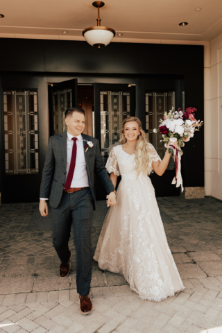 A young and adventurous couple dresses up in their groom and bridal wedding attire on their wedding day. They were photographed by Hannah Lylene Photography, a Dallas Fort Worth (DFW) Elopement/Wedding photographer as a part of their intimate elopement/wedding Latter Day Saint (LDS) ceremony.