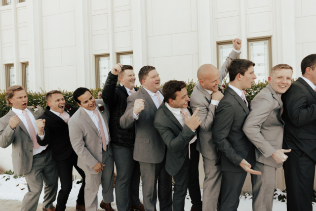 A couple dresses up in their wedding attire on their wedding day to take their candid and natural documentary styled photos with their bridal party. Photographed by Northern Texas (DFW) photographer Hannah Lylene Photography.