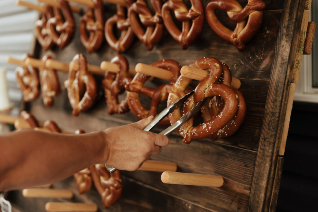 Dallas-Fort-Worth-Hannah-Lylene-Pretzel-Reception-Food Pretzel Bar at Fort Worth Backyard Wedding Reception