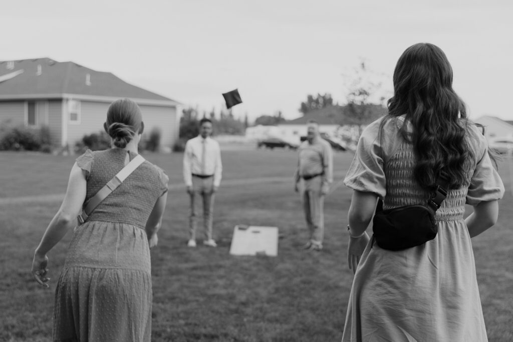 Candid and documentary style photos of wedding guests interacting with couples on their wedding day