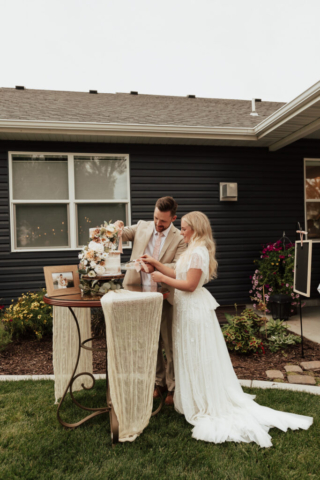 DFW-Backyard-Elopement-Cake-Smash Bride and Groom cut their Wedding Day Cake at their DFW Elopement