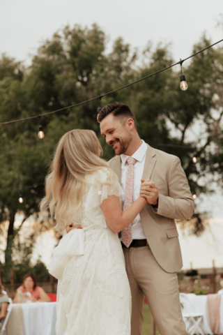 Hannah-Lylene-DFW-First-Dance-Backyard-Elopement Bride and Groom have their First Dance at their DFW Intimate Wedding Elopement