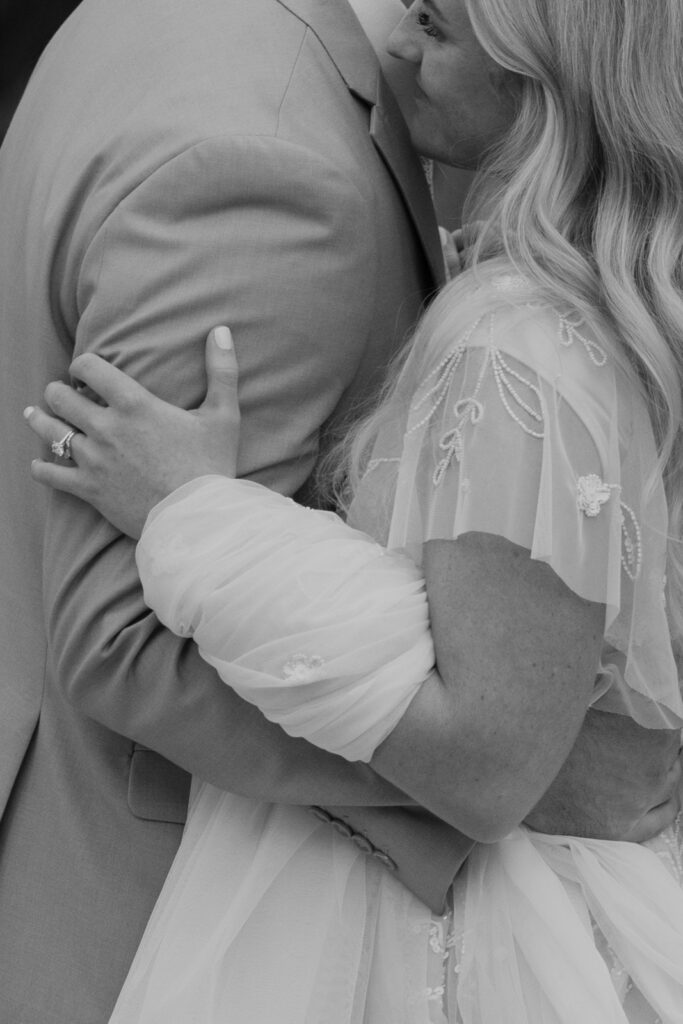 Black and White Detail Close Up of Bride and Groom