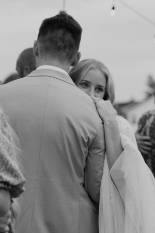 Documentary-Style-DFW-Elopement-Outdoor Close up shot of Bride and Groom Dancing (Black and White)