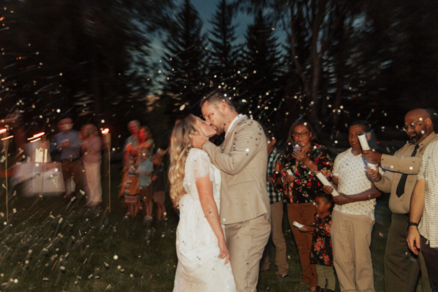 Confetti-Elopement-Exit-Texas-Direct-Flash Bride and Groom during their confetti wedding exit from their DFW Intimate Wedding Elopement