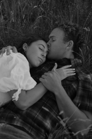 Black and White Engagement Photo in an open field