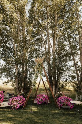 Backyard Wedding Ceremony Set Up with Pink Flowers