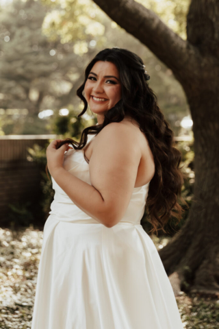 bride-portraits-dfw A young bride and groom at Marty Leonard Chapel on their intimate wedding day in Fort Worth, Texas.