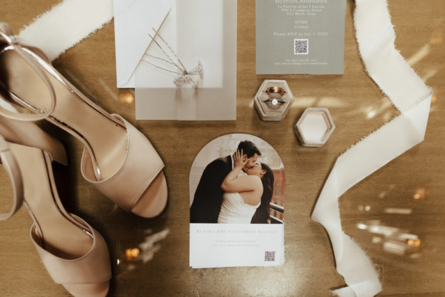 wedding-annoucement-detail-ring-shots A young bride and groom at Marty Leonard Chapel on their intimate wedding day in Fort Worth, Texas.