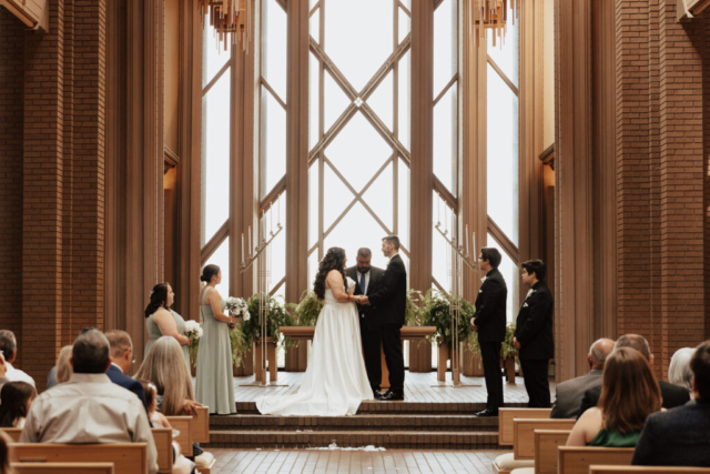 Fort-Worth-documentary-wedding-photographer A young bride and groom at Marty Leonard Chapel on their intimate wedding day in Fort Worth, Texas.