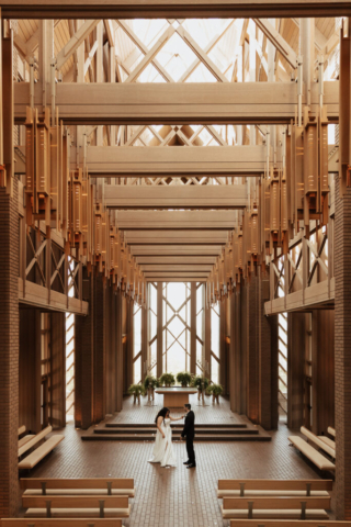 cinematic-dallas-elopement-wedding-photographer A young bride and groom at Marty Leonard Chapel on their intimate wedding day in Fort Worth, Texas.