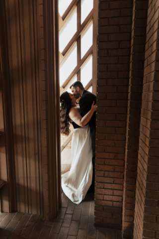 cinematic-docuementary-wedding-photographer A young bride and groom at Marty Leonard Chapel on their intimate wedding day in Fort Worth, Texas.