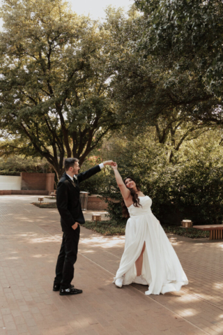 warm-texas-wedding-photographer A young bride and groom at Marty Leonard Chapel on their intimate wedding day in Fort Worth, Texas.
