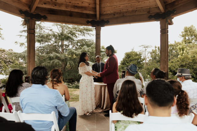 A bride and groom in their wedding attire on their wedding day take their romantic and natural documentary styled photos at the Dallas Arboretum.