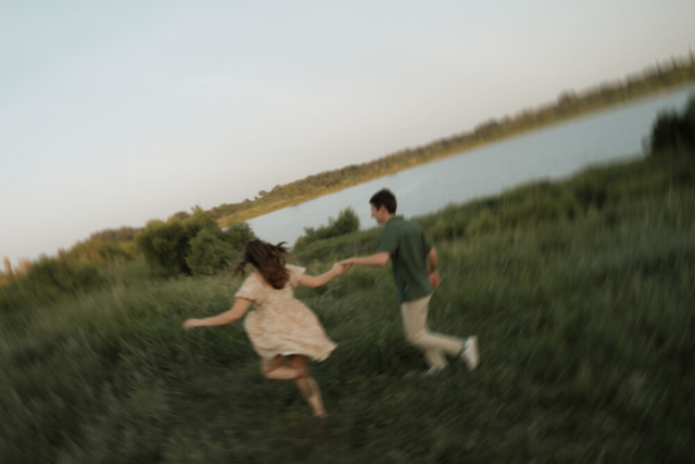 A young couple take their documentary and romantic engagement photos by a Texas DFW cinematic, moody, documentary style photographer.