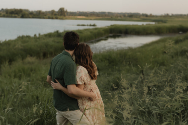 A young couple take their documentary and romantic engagement photos by a Texas DFW cinematic, moody, documentary style photographer.