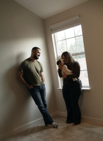 A young couple holds their newborn baby in their nursery to take intimate family photos in Dallas, Texas.