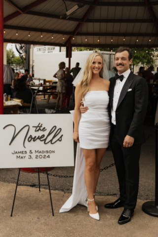 A bride and groom have a candid documentary elopement wedding ceremony in Dallas, Texas, followed by modern classy bridal portraits and candid photos while interacting with their reception guests.