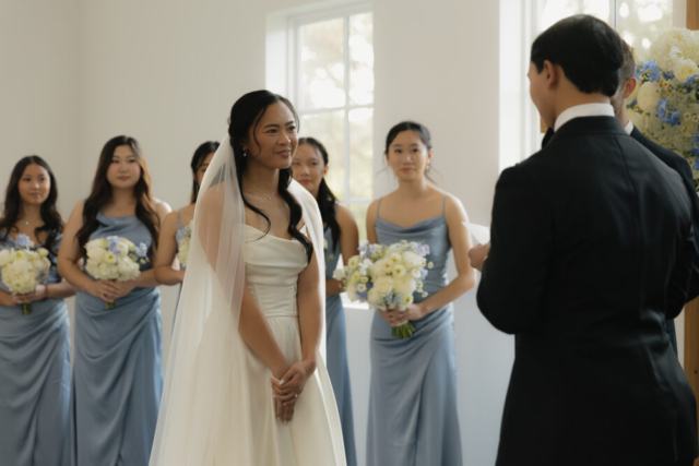 A bride and groom have a candid documentary elopement wedding ceremony in Houston, Texas at the Addison Woods Wedding Venue followed by modern classy bridal portraits and candid photos while interacting with their reception guests.