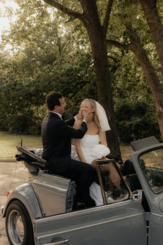 A bride and groom have a candid documentary elopement wedding ceremony in Dallas, Texas, followed by modern classy bridal portraits and candid photos while interacting with their reception guests.