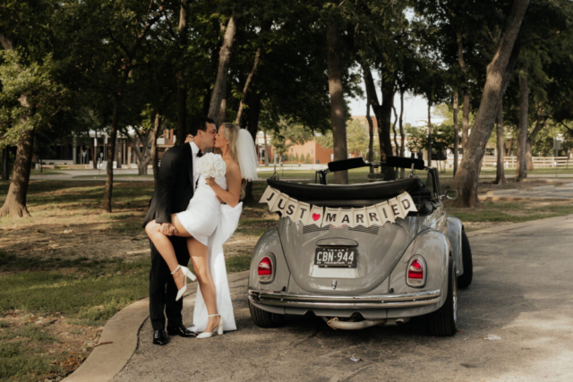 A bride and groom have a candid documentary elopement wedding ceremony in Dallas, Texas, followed by modern classy bridal portraits and candid photos while interacting with their reception guests.