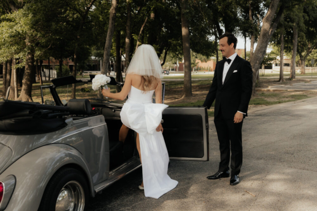 A bride and groom have a candid documentary elopement wedding ceremony in Dallas, Texas, followed by modern classy bridal portraits and candid photos while interacting with their reception guests.