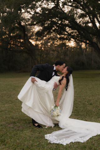 A bride and groom have a candid documentary elopement wedding ceremony in Houston, Texas at the Addison Woods Wedding Venue followed by modern classy bridal portraits and candid photos while interacting with their reception guests.