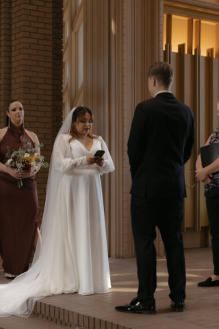 A young couple has their intimate wedding at the Marty Leonard Chapel in Fort Worth, Texas by a Texas DFW documentary wedding photographer ( Hannah Lylene Photography)