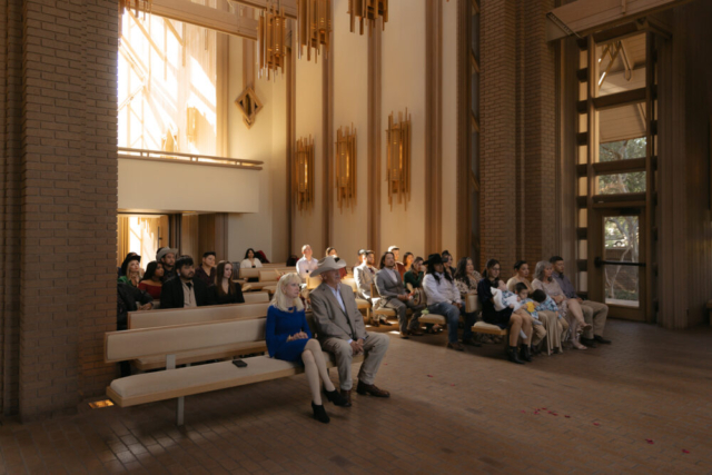 A young couple has their intimate wedding at the Marty Leonard Chapel in Fort Worth, Texas by a Texas DFW documentary wedding photographer ( Hannah Lylene Photography)