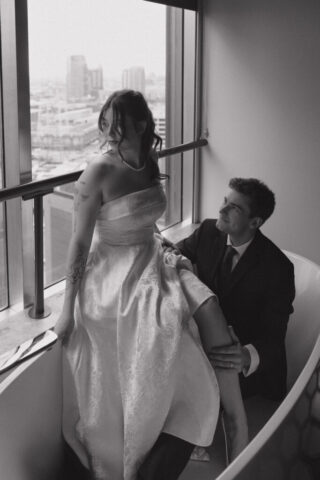 Documentary-style, true-to-color wedding photos from a unique Texas wedding at The Wild Detectives Bookstore in Dallas and The Thompson Hotel. Captured by a DFW wedding photographer, highlighting candid moments and cinematic charm.