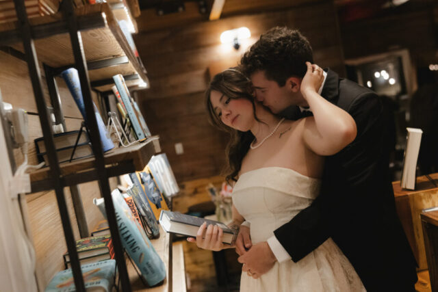Documentary-style, true-to-color wedding photos from a unique Texas wedding at The Wild Detectives Bookstore in Dallas and The Thompson Hotel. Captured by a DFW wedding photographer, highlighting candid moments and cinematic charm.