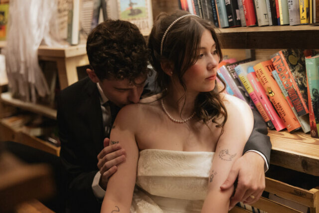 Documentary-style, true-to-color wedding photos from a unique Texas wedding at The Wild Detectives Bookstore in Dallas and The Thompson Hotel. Captured by a DFW wedding photographer, highlighting candid moments and cinematic charm.
