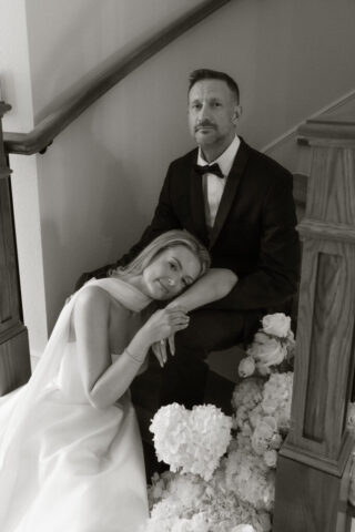 A bride and groom, take couples portraits in their modern aesthetic home at their private wedding ceremony.Timeless indoor wedding in Dallas, captured with a refined, editorial approach by DFW documentary wedding photographer.