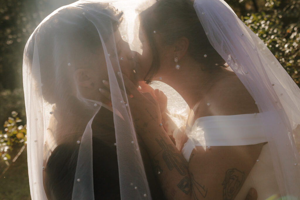 Couple kissing under wedding veil