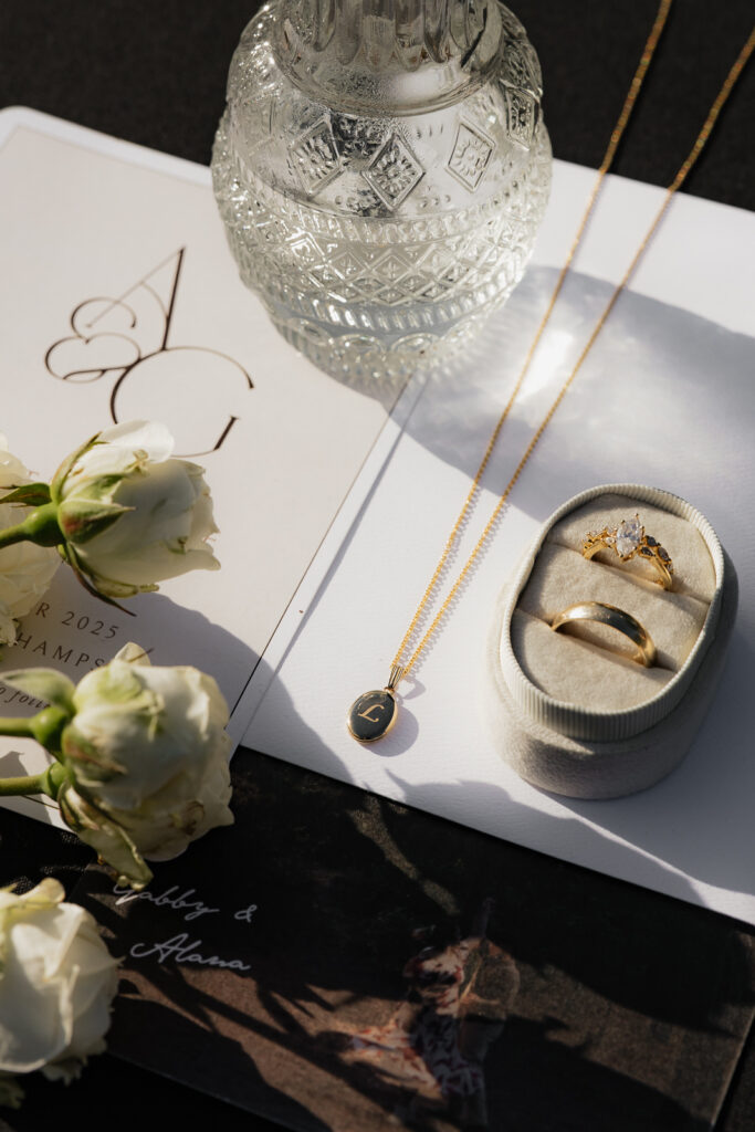 Elegant wedding flatlay with jewelry and flowers