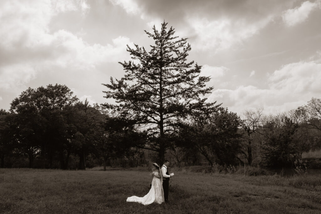 Bride and groom standing under a large tree in a field