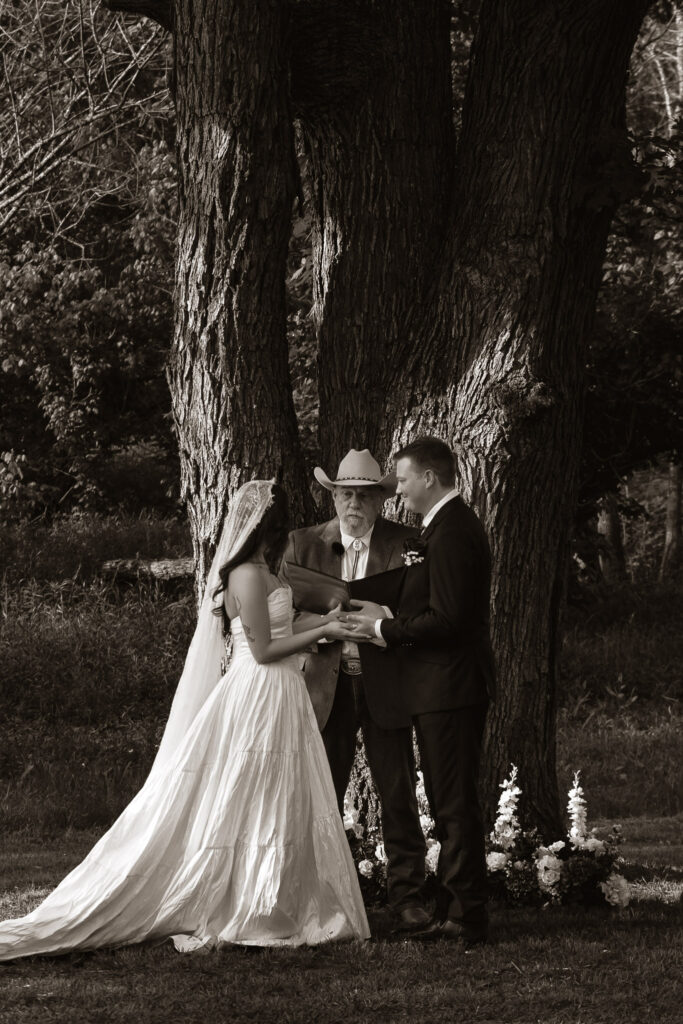 Bride and groom exchanging vows outdoors